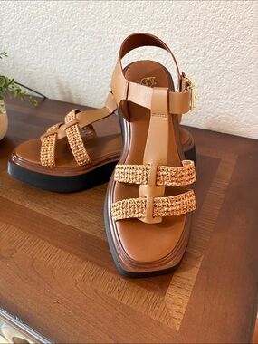 Dune London Tan Woven-Strap Platform Sandals